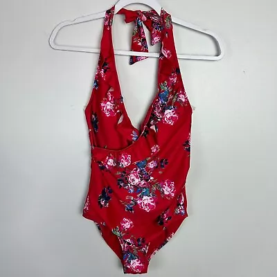 Modcloth Red Floral Ruffle Reese One Piece Swimsuit Bathing Swim Suit Small • $14.99