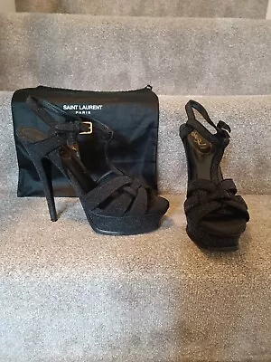 YSL Yves Saint Laurent Tribute Glitter Sandals Platform Heels Size 40  UK 7 • £225
