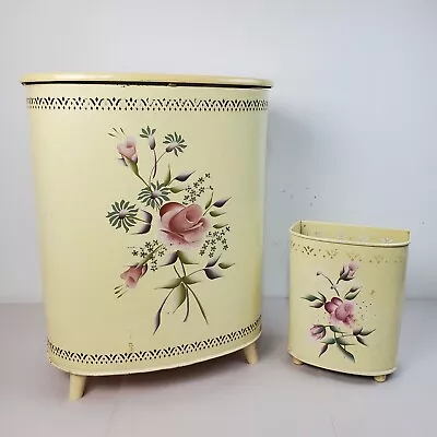 Matching Detecto Floral Painted Steel Hamper & Aluminum Waste Basket Tole 1950s • $99.99