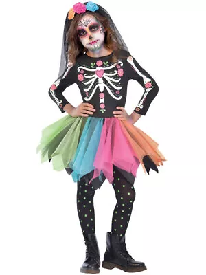 Girls Sugar Skull Day Of The Dead Costume Mexican Halloween Fancy Dress Kids New • £20.99