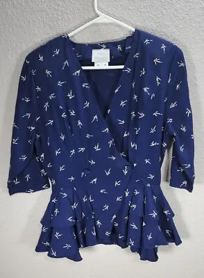 Vtg Womens My Michelle Blue White Abstract Ruffle Blouse Shirt 3/4 Sleeve Sz 3/4 • $17.16