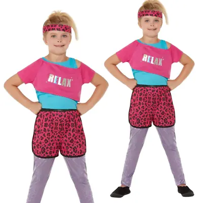 Kids 80s Costume Aerobics Dance Work Out Neon Girls Fancy Dress Costume • $63.99