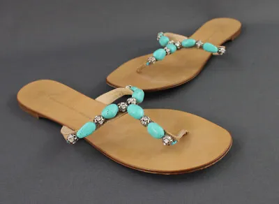$59 • Buy Giuseppe Zanotti Tan Leather Turquoise Rhinestone Bead Thong Sandal Shoe 10
