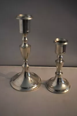 Two Matching Brazil Pewter Candlesticks With “Sloped” Base – 6” And 4 ¼” • $27.20