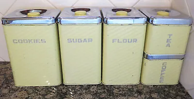 $49.99 • Buy Vintage LINCOLN BEAUTYWARE Striped Yellow Tin Canister Set Of 5 W/ Chrome Lids