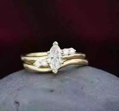 1.50 CT Marquise Cut Simulated Diamond Bridal Ring Set 14k Yellow Gold Plated • $45.99