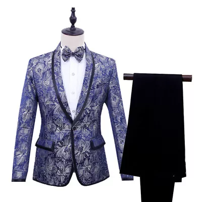 Mens Nightclub Blue Printed Single Breasted Dress Blazer English Style Suit 2pcs • $74.86