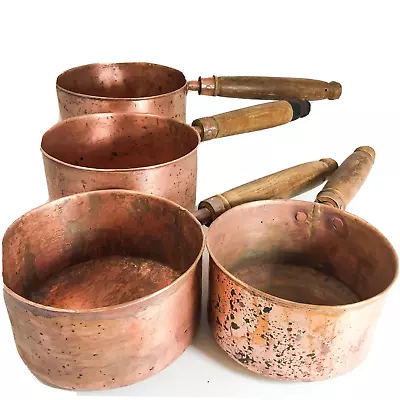 Vintage ? Pre 1930's Copper Saucepan Set Of Four Wooden Handle Farmhouse Decor • $575