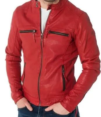 Red Leather Biker Jacket Men's Genuine Lambskin Stylish Bomber Coat Sizes S-3XL • $114.02