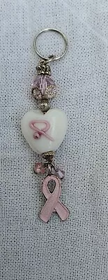 Breast Cancer Ribbon Awareness Lampwork Glass  2 1/2 Inch Handmade Keyring • £2.90