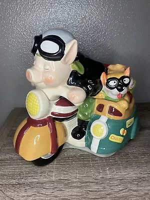 Cookie Jar Road Hog Pig On Motorcycle French Bulldog In Sidecar By Holiday Times • $21