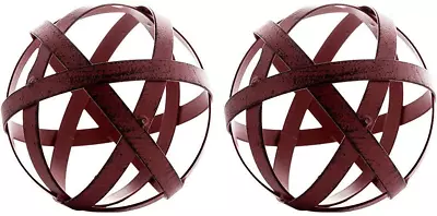 Decorative Sphere Set Of 2 Distressed Red Metal Bands Sculpture Modern Home • $19.75