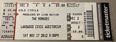 THE MONKEES Concert Ticket 11/17/2012 Lakewood Civic Auditorium Cleveland OH • $9.95