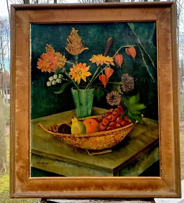 1959 MCM Signed Atomic Still Life Oil Painting FLORAL FRUIT ART POTTERY 26x30 • $265