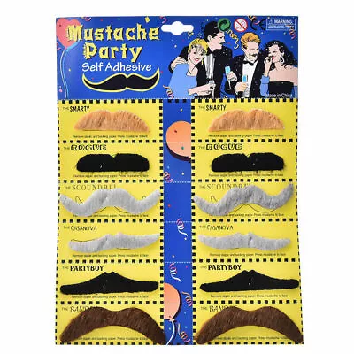 Set Of 12 Various Coloured Fake Moustache Mustache Fancy Dress Self Adhesive • £2.75