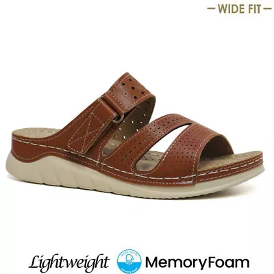 Ladies Wide Fit Sandals Memory Foam Women Low Wedge Comfort Summer Holiday Shoes • £12.95