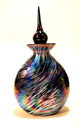 Hand Blown Glass Perfume Bottle Iridescent Colors Swirled Cased With Stopper 5 T • £24.08