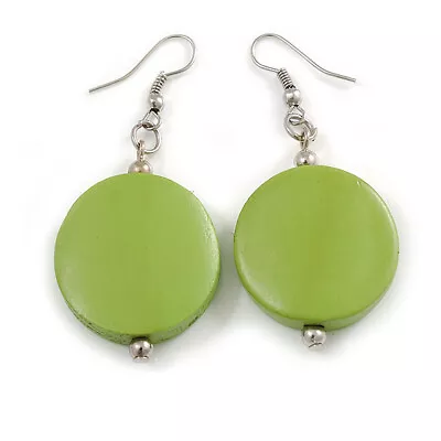 Pear Green Wood Coin Drop Earrings - 55mm • £9.90