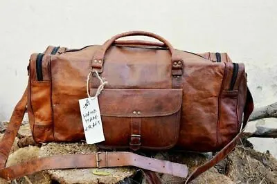 Vintage Genuine Goat Brown Leather Travel Luggage Duffel Weekender Overnight Bag • $58.29