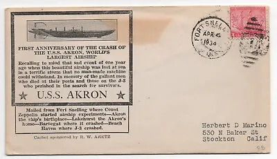 1934 US Cover W/ Cachet From 1st Anniversary Of Crash Of USS Akron Airship • $18.74