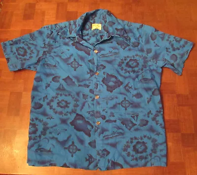 Vtg 60s Ui-Maikai Hawaiian Map Button-front Hawaiian-made Shirt Size MEDIUM • $29.95