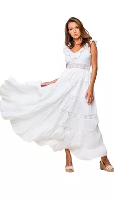 New Vintage Ibiza Adlib St. Lucia Dress Maxi Gown White Cotton Xs Boho Rts$298 • $199