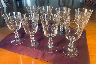 Vintage MCM Etched Laurel Leaf Footed Base Crystal Glassware Wine Set Of 8 • $29.99