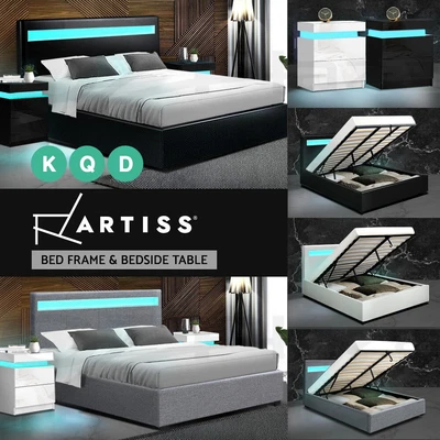 $79.95 • Buy Artiss Bed Frame Bedside Tables Queen Double Size RGB LED Gas Lift Base Storage
