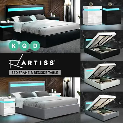$93.95 • Buy Artiss Bed Frame RGB LED Bedside Tables Double Queen Size Gas Lift Base Storage