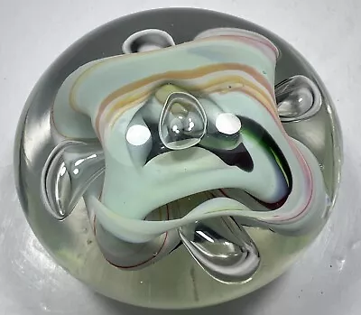 Signed Rollin Karg Controlled Bubble Clear & Aqua Swirl Art Glass Paper Weight • $28.49