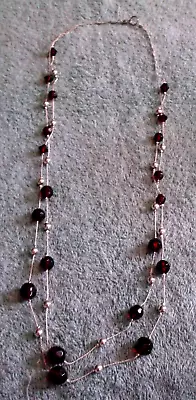 Vintage Double Strand Silvertone Necklace With Red Acrylic Beads ~ 30  • $2.55