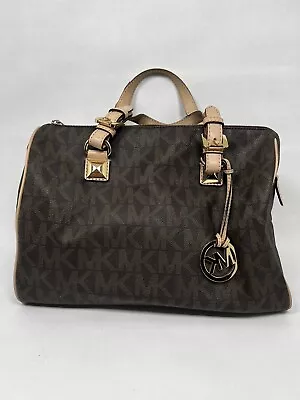 Michael Kors Brown/Beige Signature Coated Canvas Leather Grayson Boston Bag EUC • $119.99