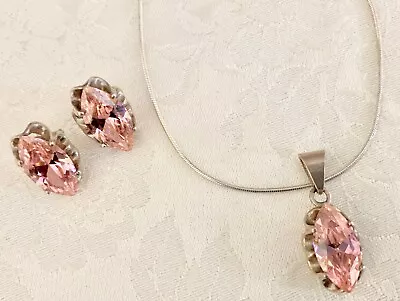 Pink Crystal Marquise 925 Sterling Silver Necklace & Earrings Set New • $64.99
