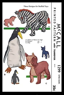 1299 McCall Fabric Pattern 4 Stuffed Animal Toys ZEBRA - HORSE PENGUIN DOG Craft • $5.49