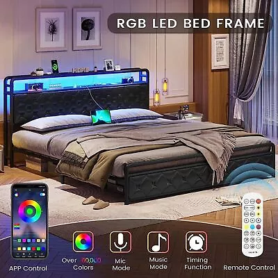 King LED Bed Frame With Storage Headboard Faux Leather Platform Bed Frame Black • $79.89
