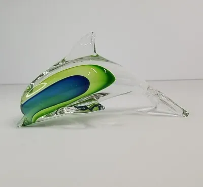 Vintage 6  Murano Style Sommerso Art Glass Dolphin Sculpture Cobalt Blue & Green • $22.97