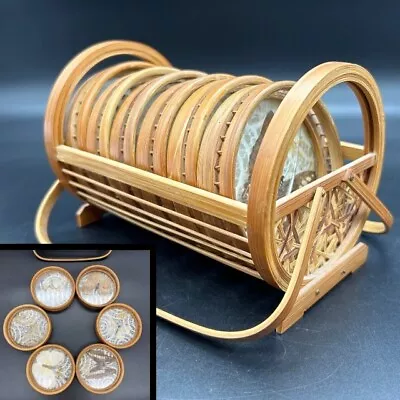 Vtg Butterfly Coasters With Bamboo Rims In A Woven Bamboo Caddy 7 Pc Set • $15.95