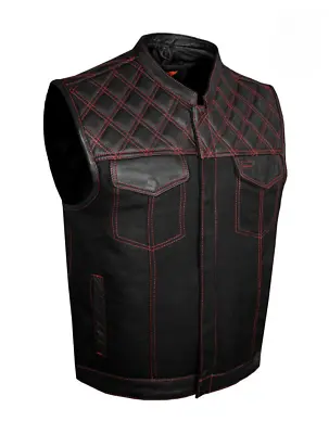 Men's Denim Leather Motorbike  Red Thread Diamond Stitching Vest • $150