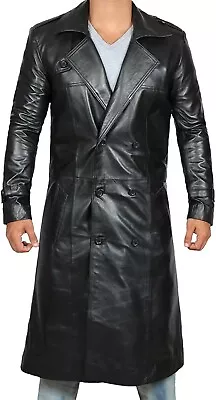 Men's Black Sheepskin Leather Duster Trench Coat • $144