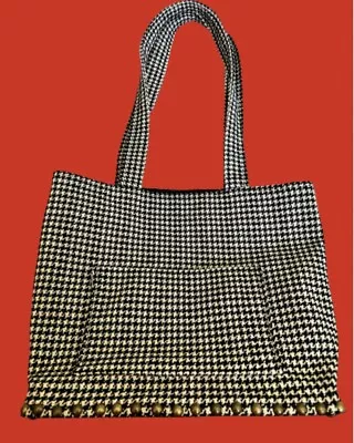 Houndstooth Tote Bag /Book Bag /Hand Bag W Brass Nailhead Trim Lined England • $9.99