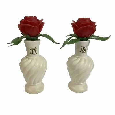 Vintage Plastic Red Rose In White Bud Vase Salt And Pepper Shakers 1960's • $12.33