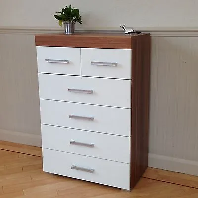 Chest Of 4+2 Drawers In White & Walnut Bedroom Furniture Modern 6 Drawer * NEW * • £94.95