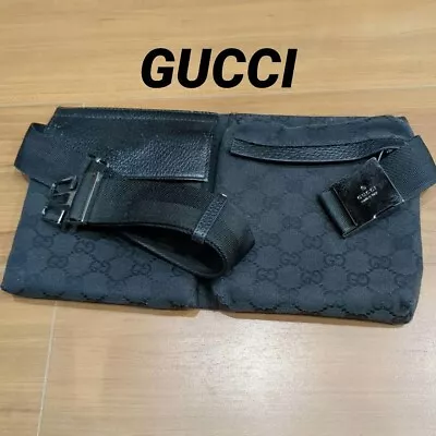 GUCCI GG Canvas Waist Pouch Shoulder Bum Bag Belt Bag Black Leather • $229.99