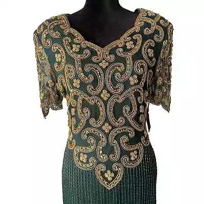 Riva Design Vintage 80s Silk Beaded Long Dress-Green/Gold-Medium-NEW-DEADSTOCK • $95