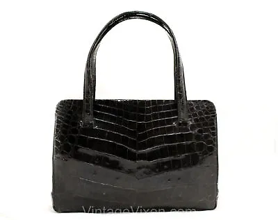 1950s Alligator Bag - Black Genuine Gator Reptile Leather Wtih 2 Handles • $49.99