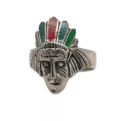 Vintage Native American Sterling Silver  Enamel Indian Head Tribal Ring Sz 11.5 • $42