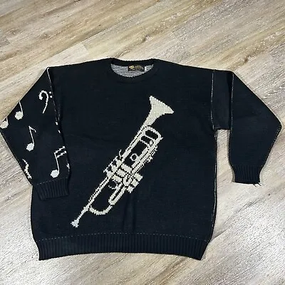 VTG 80s AIM Albert Elovitz Trumpet Music Note Sweater Mens XL Black Silver USA • $34.99