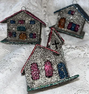 $30 • Buy Vintage Mica Putz Village Houses Church Christmas Ornaments Lot/3 Japan MCM
