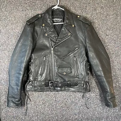 Vtg UNIK Leather Motorcycle Jacket Mens 42 Black Punk Metal Biker • $75