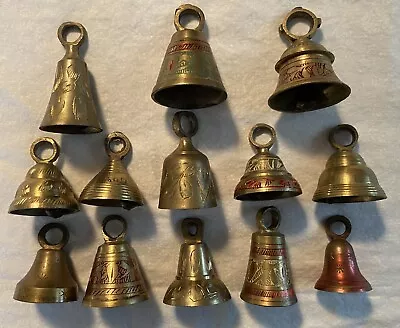 Lot Of 13 Vintage Etched Brass Bells 12 Marked India 1-5/8  To 2-5/8  High • $30